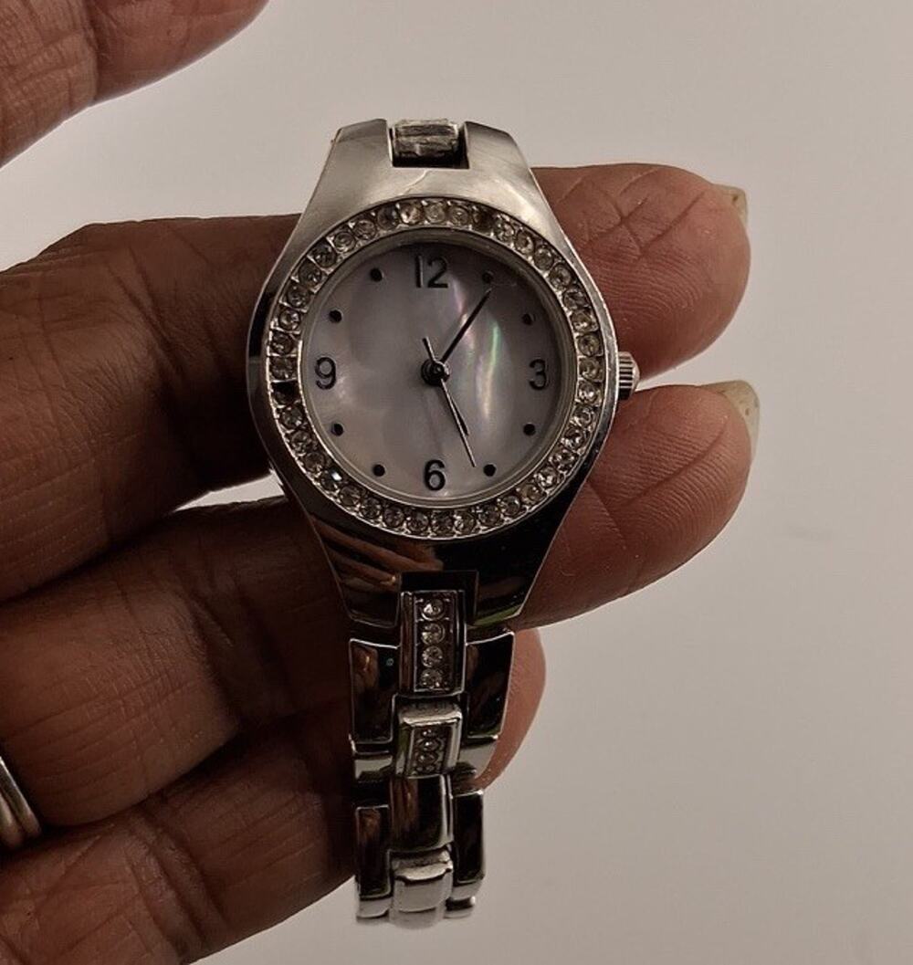 Womens Silver Tone Mother Of Pearl Dial Crystal Bezel Link Bracelet Quartz Watch